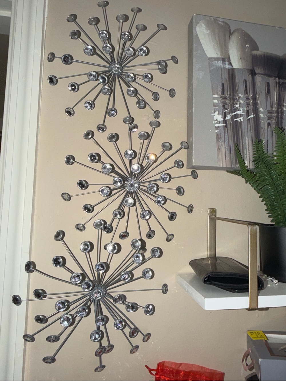 Set of 3 Silver Crystal Starburst Wall Decor Glam Bling Metal Wall Art